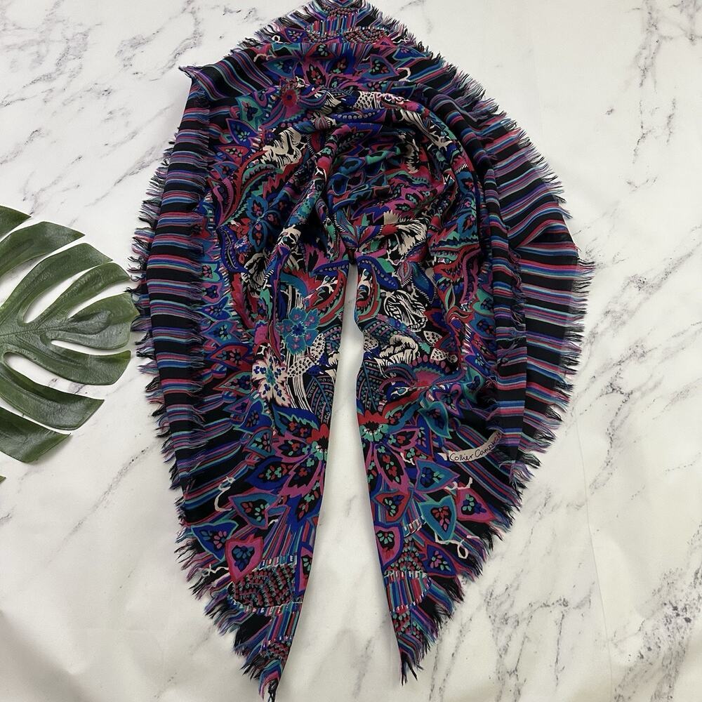 Collier Campbell Vintage 80s Large Scarf Wrap Pink Blue Floral Wool Square